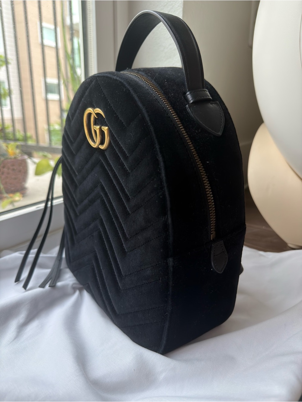 Gucci Black Velvet GG Marmont Round Top Handle Bag